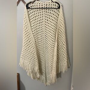 Handmade Cream Crochet Shawl Poncho With Fringe 47”